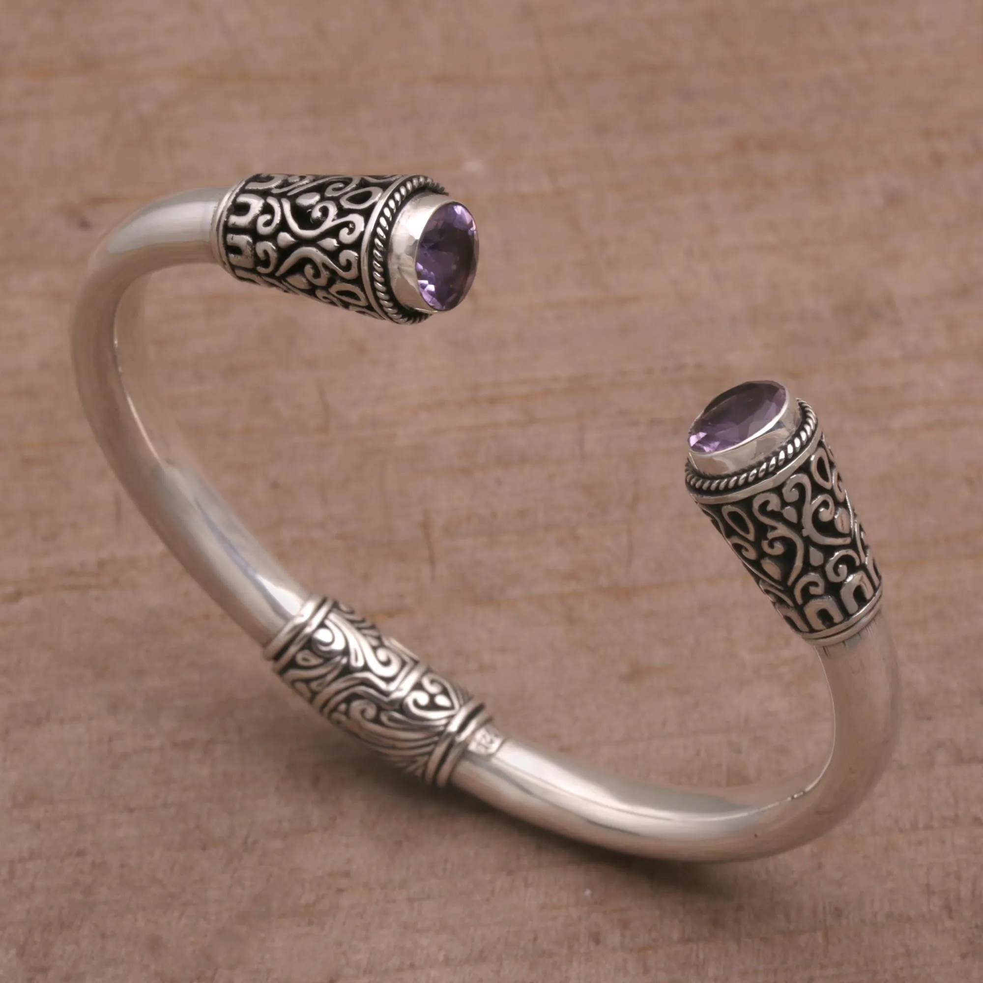 Daylight Altar Sterling Silver and Amethyst Cuff Bracelet from Bali