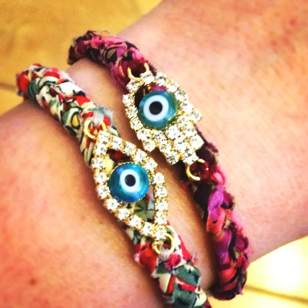 Diamante Hamsa Hand Lucky Charm Liberty Print Braid Bracelet