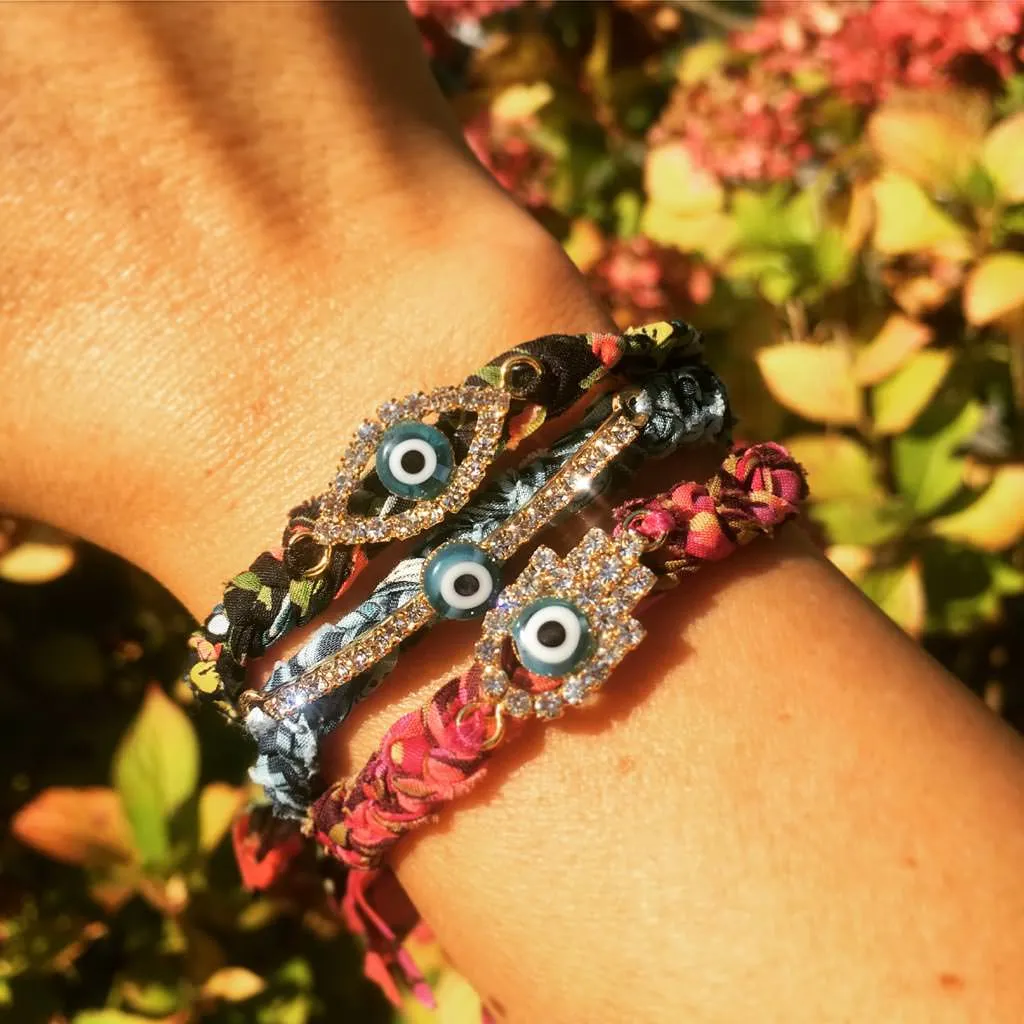 Diamante Hamsa Hand Lucky Charm Liberty Print Braid Bracelet