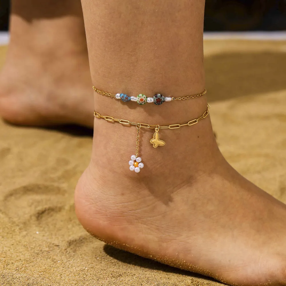 Double Layer Stainless Steel Golden Butterfly Flower Love Glass Anklet