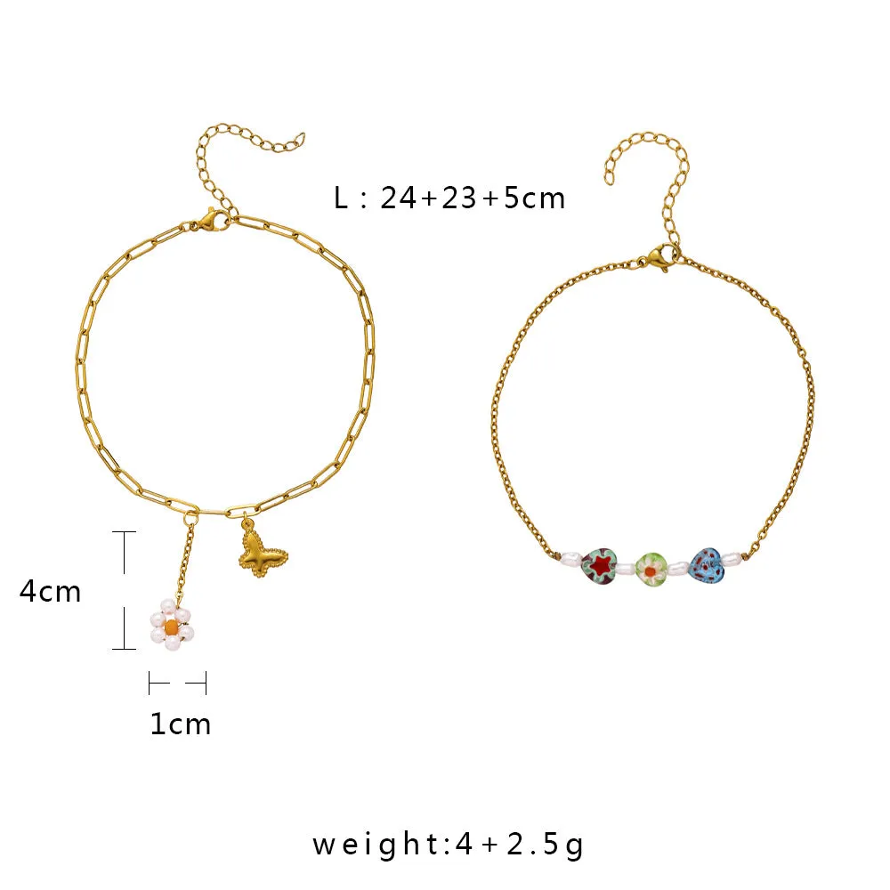 Double Layer Stainless Steel Golden Butterfly Flower Love Glass Anklet