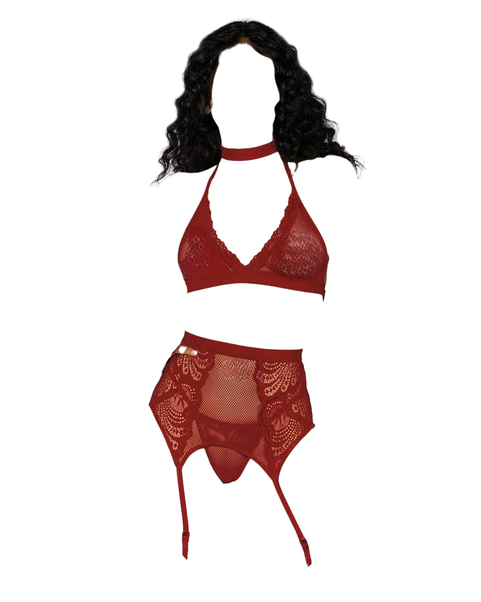 Dreamgirl Fishnet & Lace 4 PC Halter Bralette & Garter Belt Set with Stretch Velvet Trim Accents Garnet