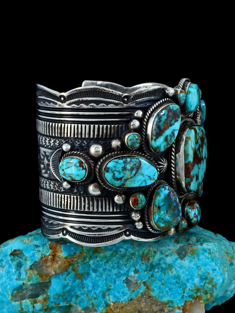 Estate Sterling Silver Natural Royston Turquoise Cluster Cuff Bracelet