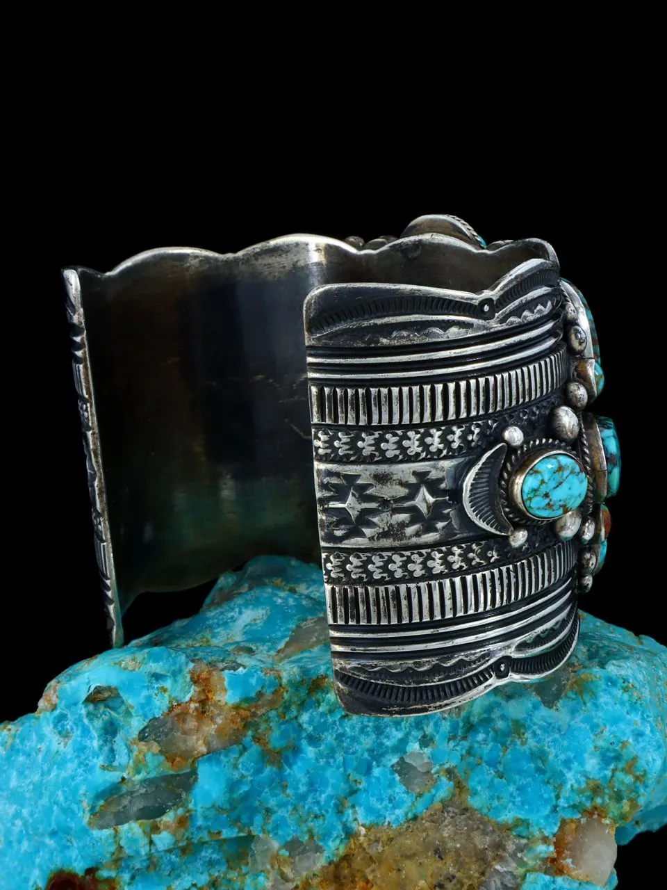 Estate Sterling Silver Natural Royston Turquoise Cluster Cuff Bracelet