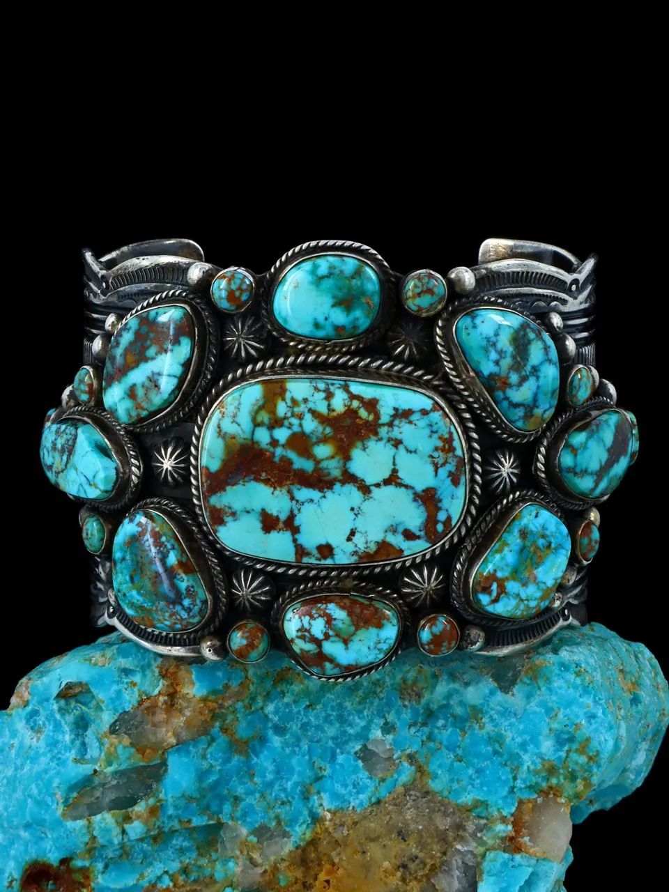 Estate Sterling Silver Natural Royston Turquoise Cluster Cuff Bracelet