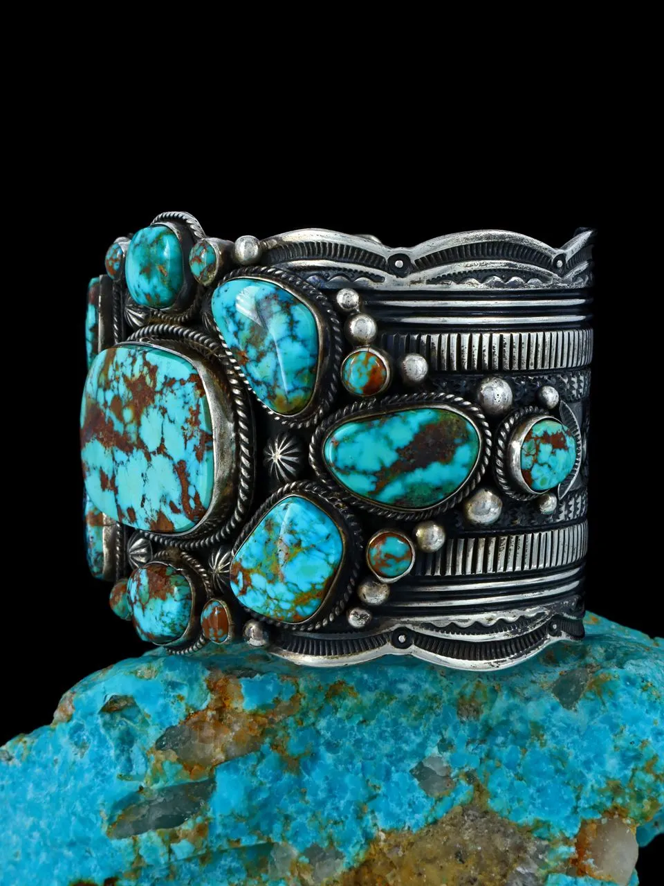 Estate Sterling Silver Natural Royston Turquoise Cluster Cuff Bracelet