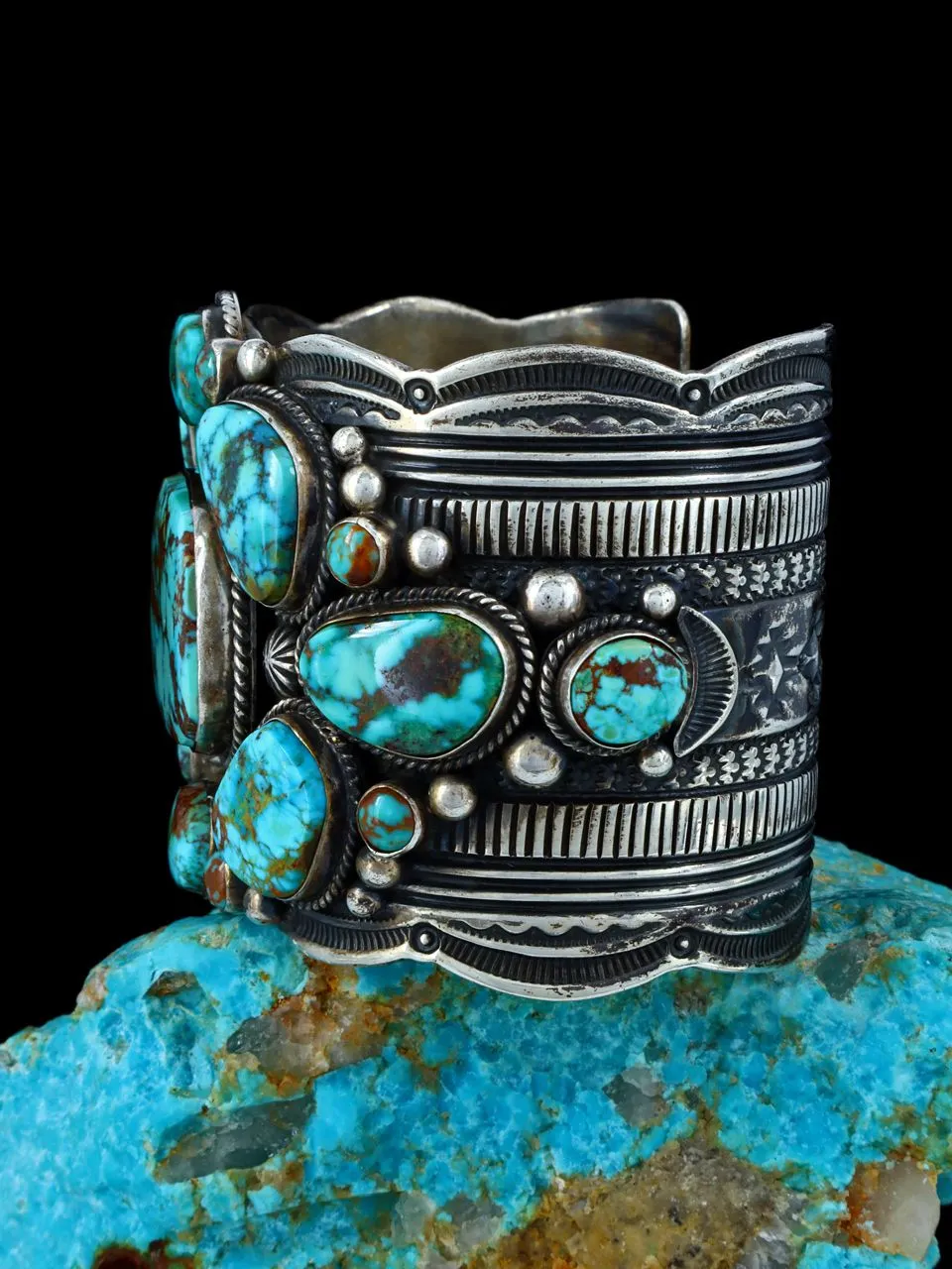 Estate Sterling Silver Natural Royston Turquoise Cluster Cuff Bracelet