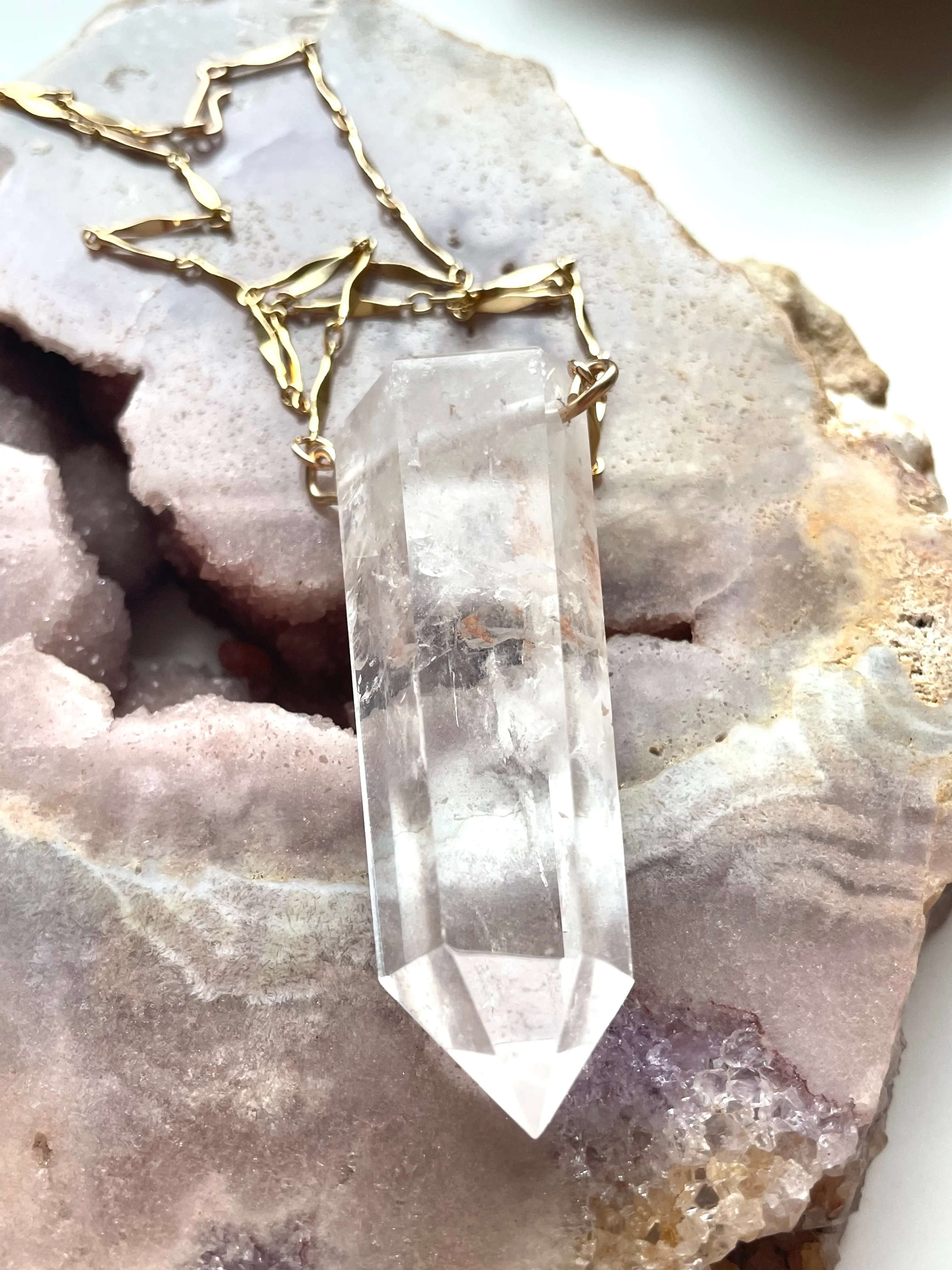 Extra large Chunky Clear Quartz Tower Necklace 14kt Gold filled