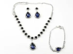 Fancy Elegant Pear Shape Dangle Design Sapphire Color Crystal Fashion Earring Bracelet Necklace Set