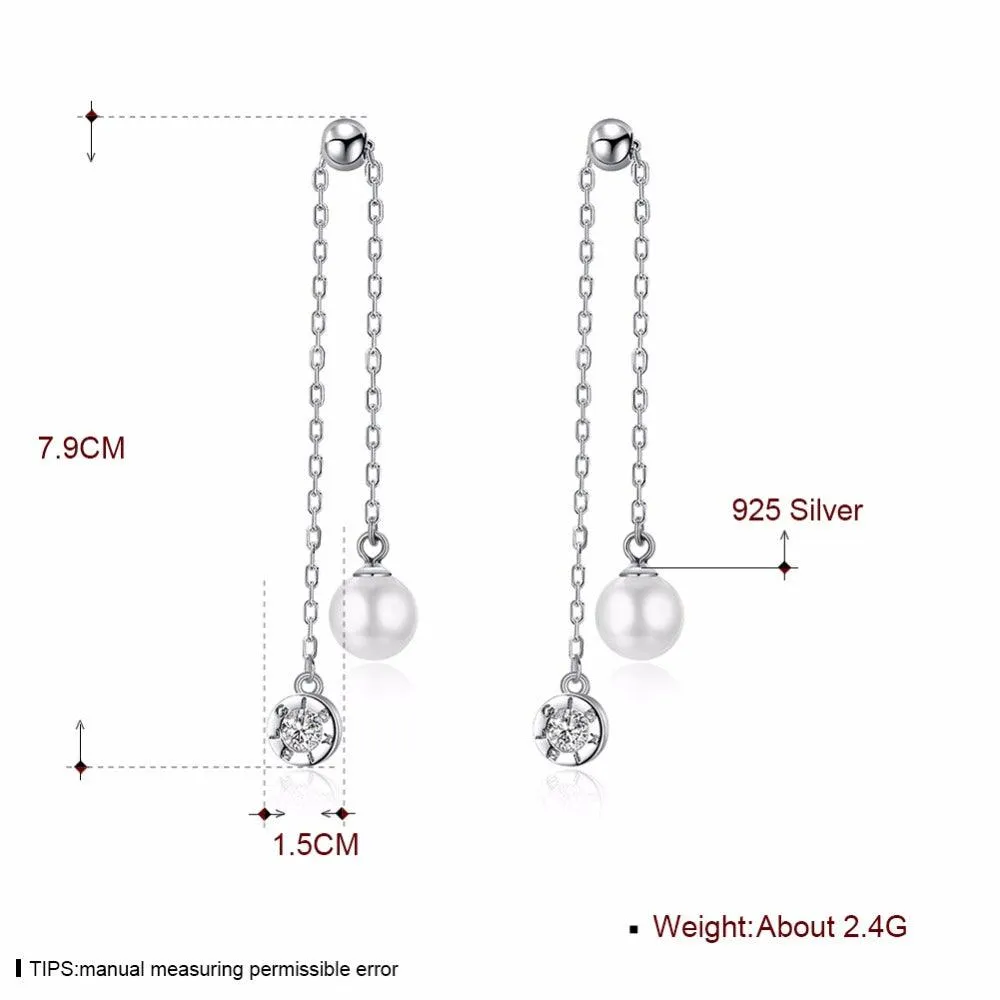 Fashion Tassel Simulated Pearl Accessories 925 Sterling Silver Long Dangle Earrings For Women Party Jewelry