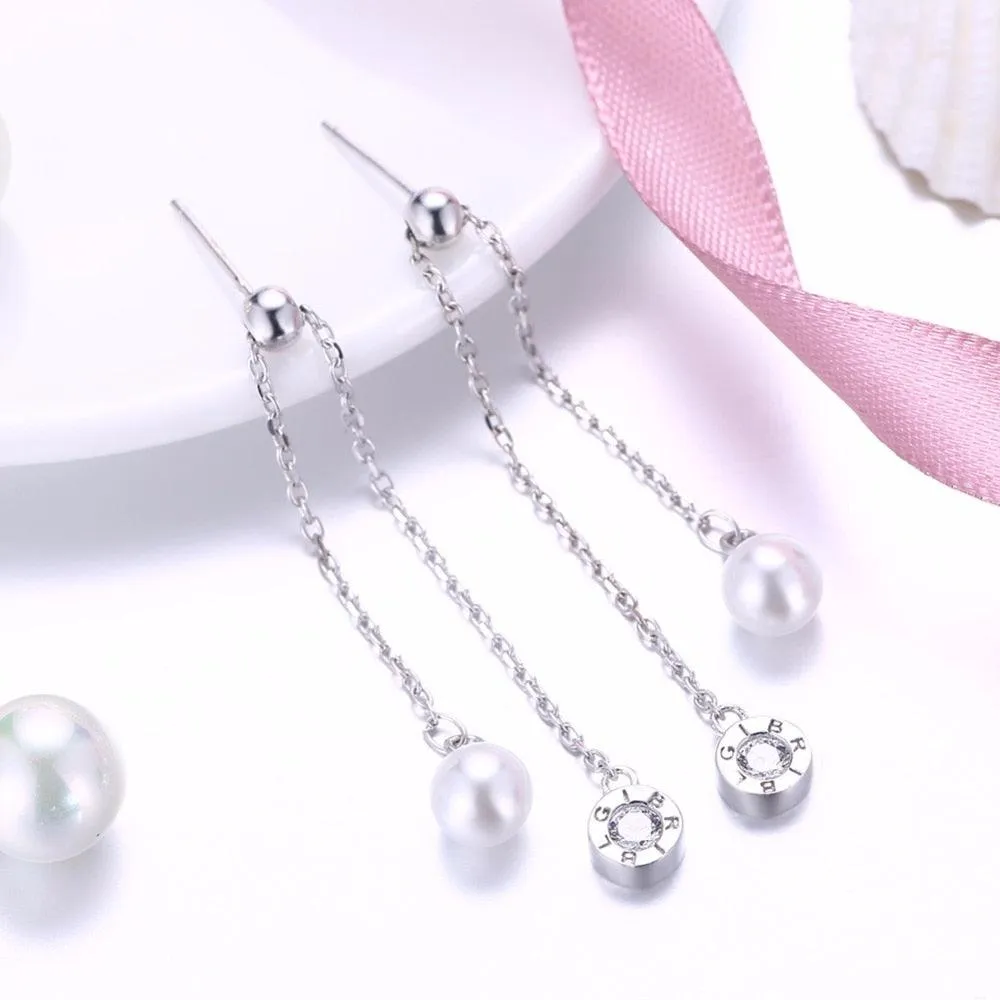 Fashion Tassel Simulated Pearl Accessories 925 Sterling Silver Long Dangle Earrings For Women Party Jewelry