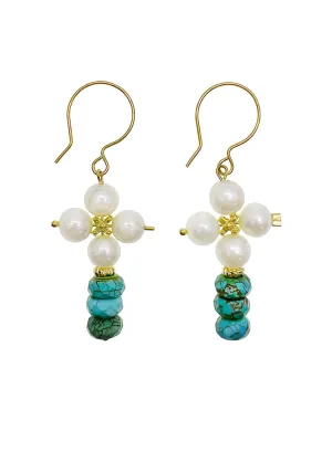 Freshwater Pearls Crafted Flower with Turquoise Earrings JE041