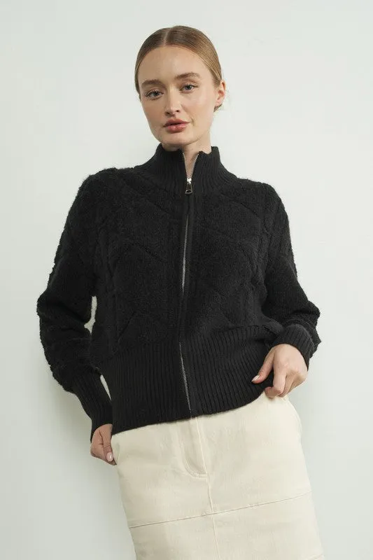 Fuzzy Pattern Zip Up Jacket - Black