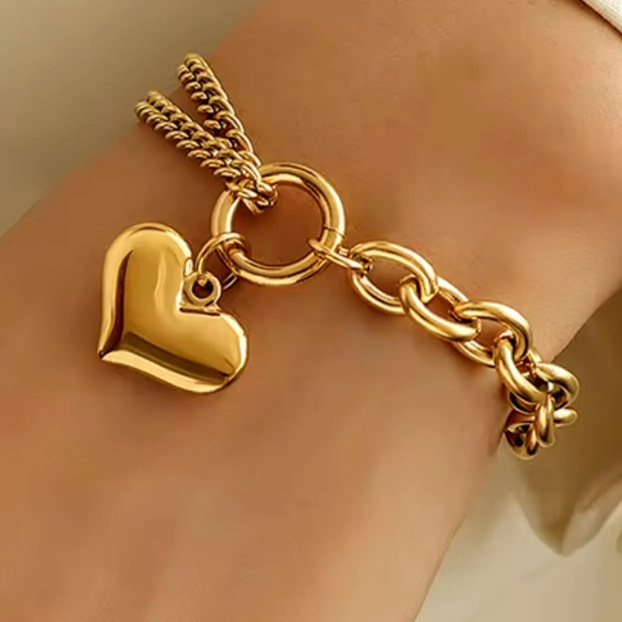 GOLD & SILVER HEART DOUBLE CHAIN LINK WATERPROOF BRACELET