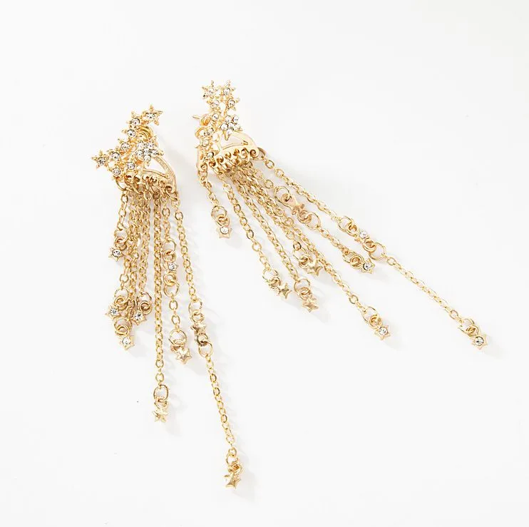 Gold and Rhinestone Stars Chandelier Tassel Pendant Earrings