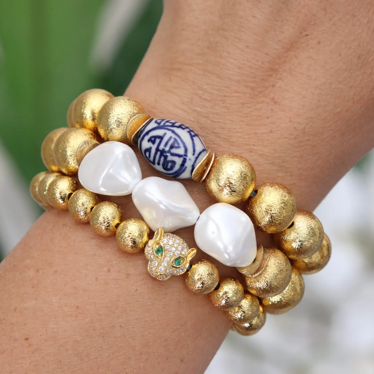 Gold Bead Chinoiserie Stretch Bracelet