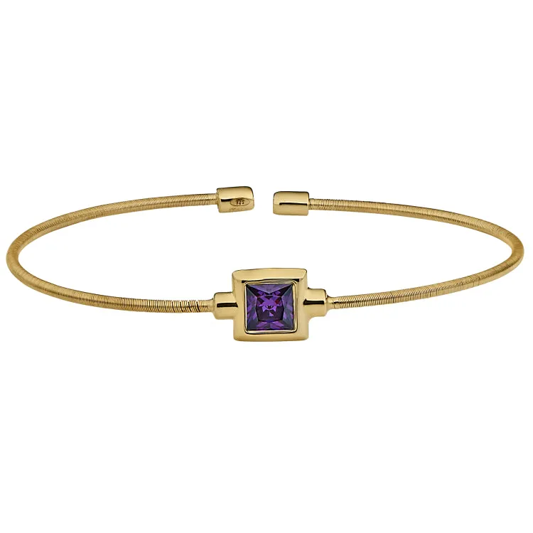 Gold Finish Sterling Silver Cable Cuff Bracelet with Princess Cut Simulated Amethyst Birth Gem