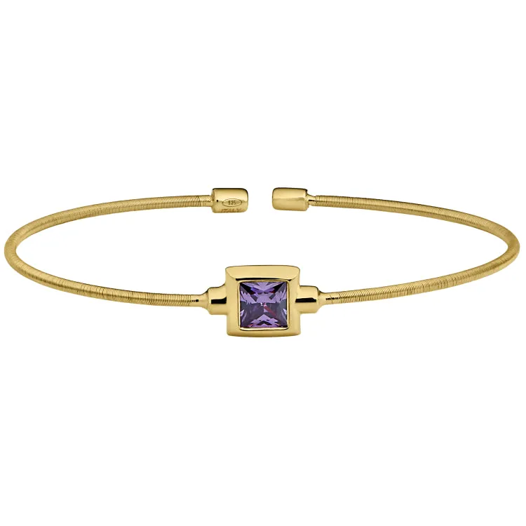 Gold Finish Sterling Silver Cable Cuff Bracelet with Princess Cut Simulated Light Amethyst Birth Gem