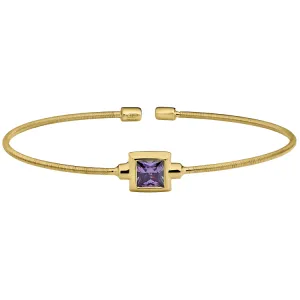 Gold Finish Sterling Silver Cable Cuff Bracelet with Princess Cut Simulated Light Amethyst Birth Gem