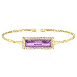 Gold Finish Sterling Silver Cable Cuff Bracelet with Rectangular Simulated Light Amethyst Stone and Simulated Diamonds