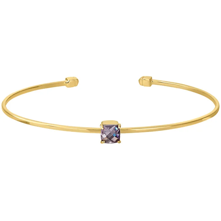 Gold Finish Sterling Silver Pliable Cuff Bracelet with Faceted Cushion Cut Simulated Light Amethyst Birth Gem - June