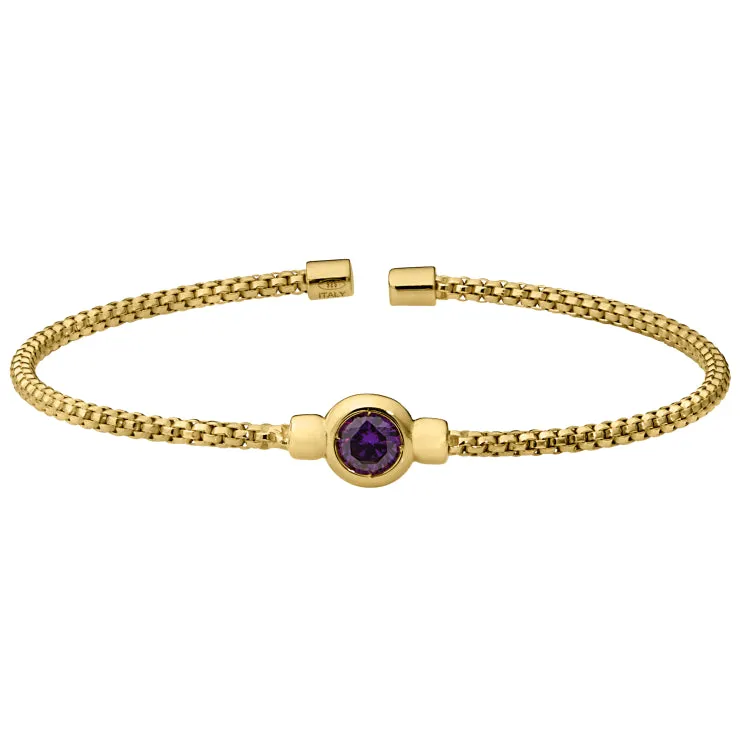 Gold Finish Sterling Silver Rounded Box Link Cuff Bracelet with Bezel Set Simulated Amethyst Birth Gem