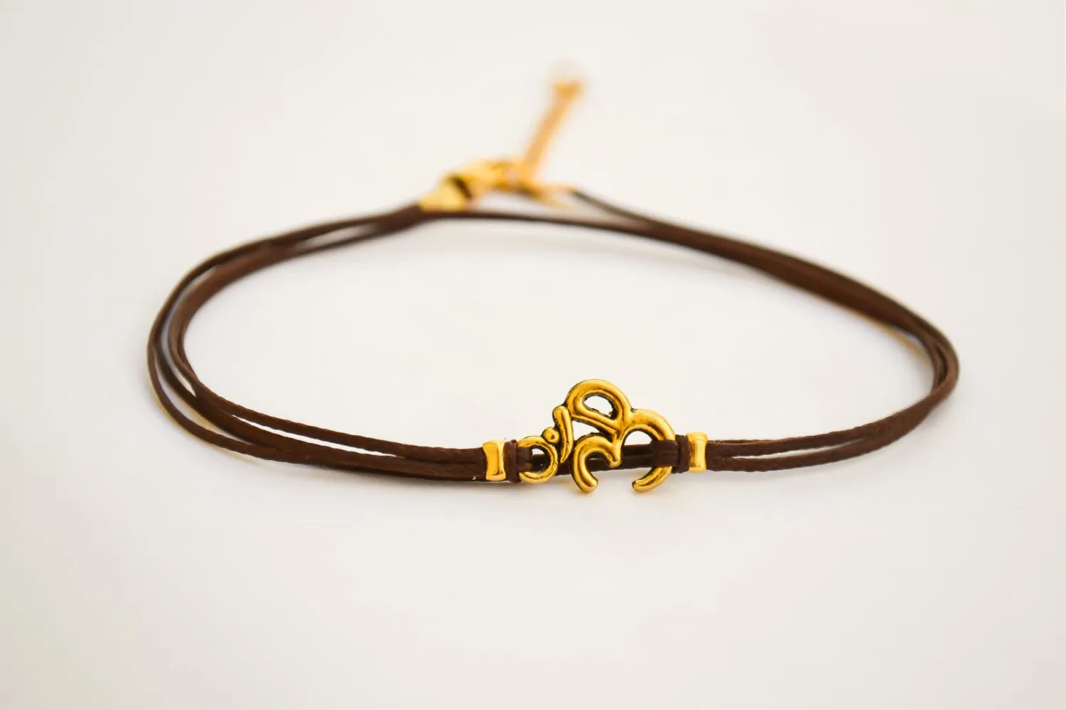 Gold Om wrapped anklet, brown string ankle bracelet, handmade yoga jewelry