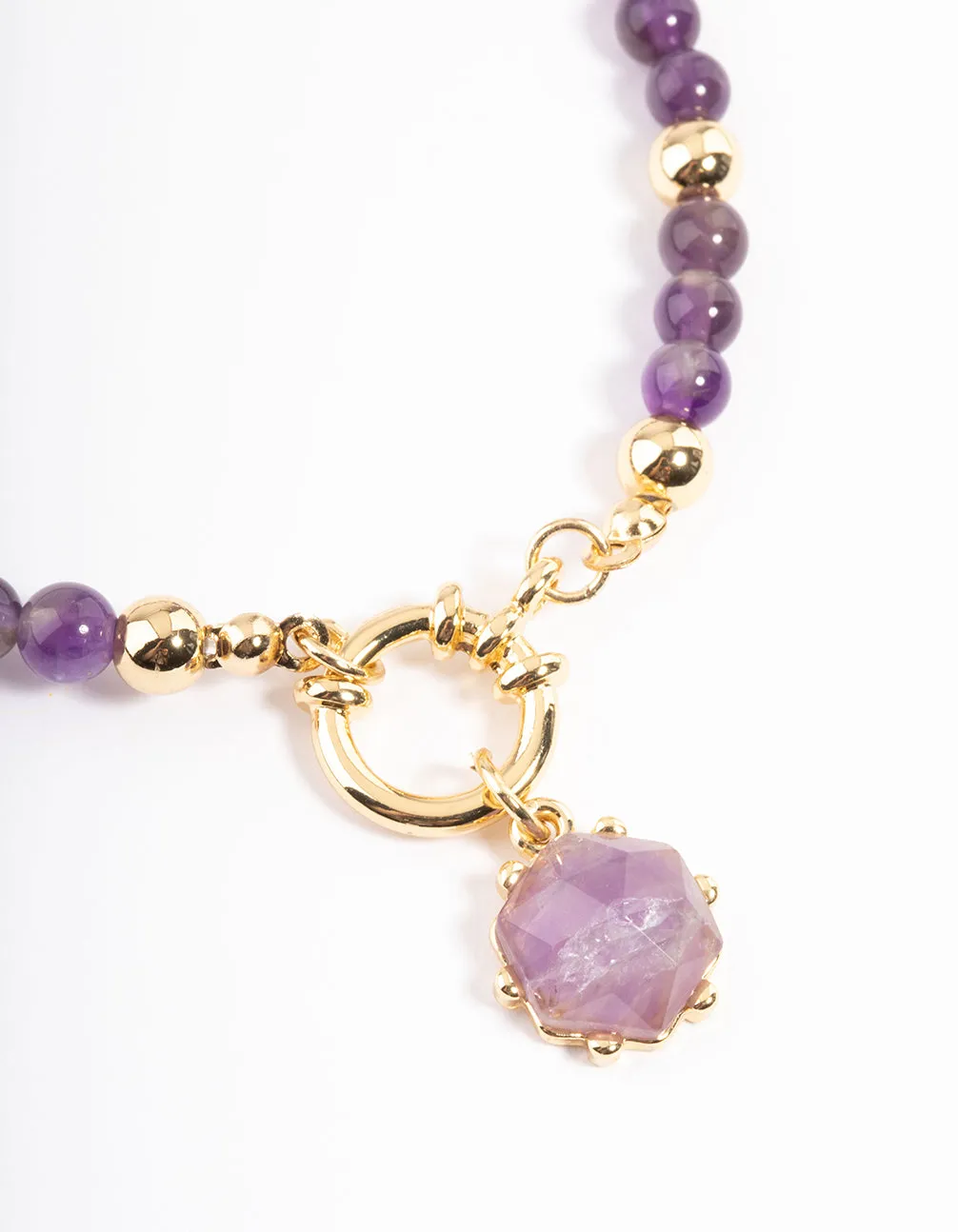 Gold Plated Amethyst Ball Bead Stretch Bracelet