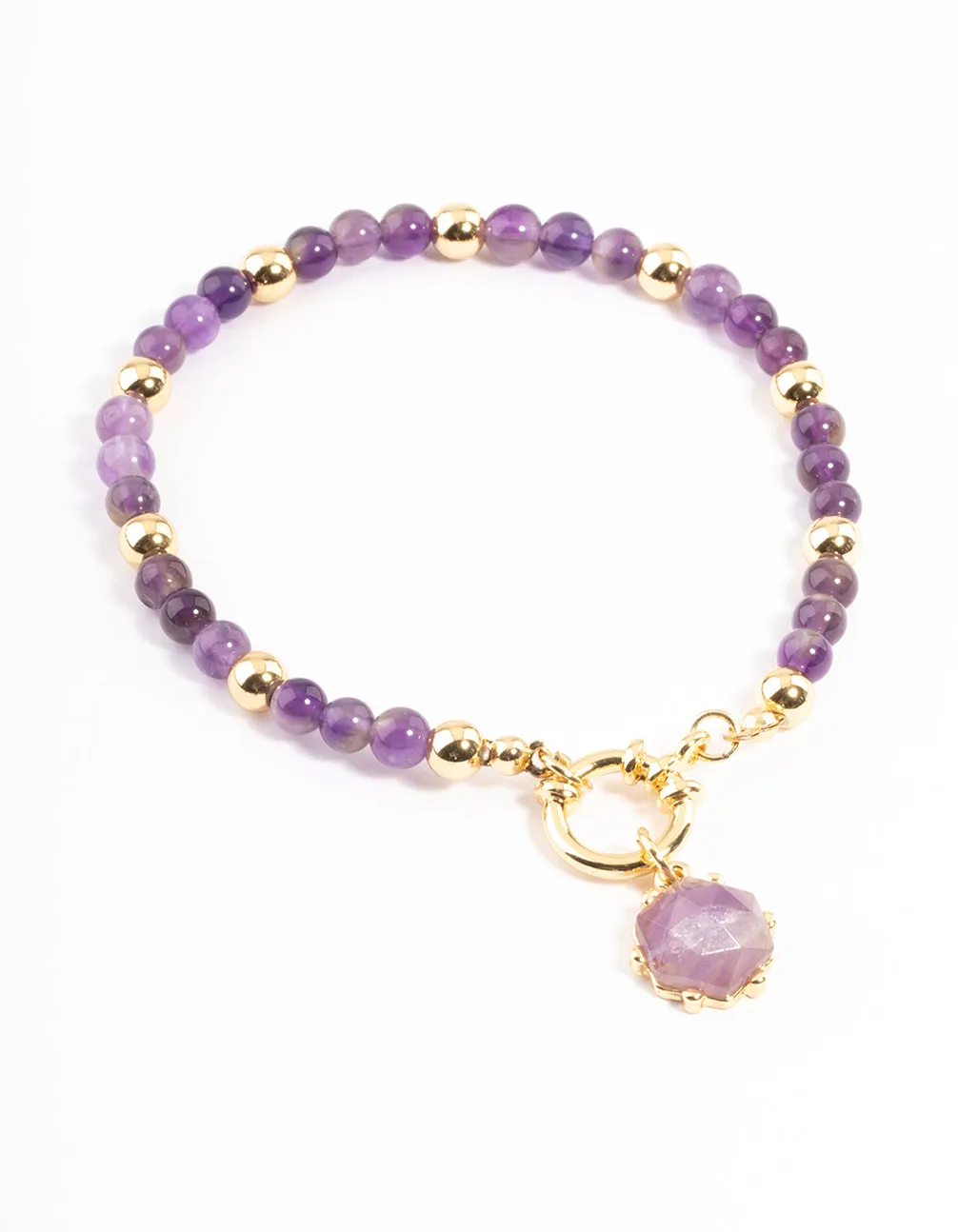 Gold Plated Amethyst Ball Bead Stretch Bracelet