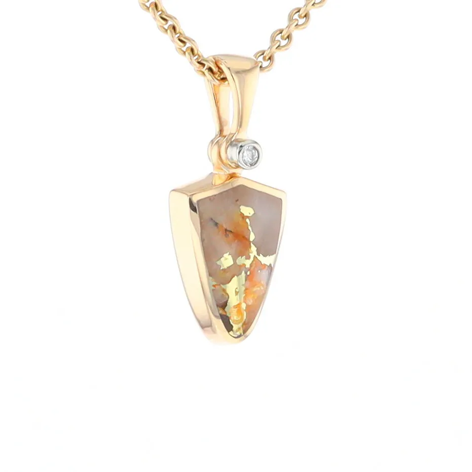 Gold Quartz Necklace Shield Shape Inlaid Pendant with .02ct Diamond