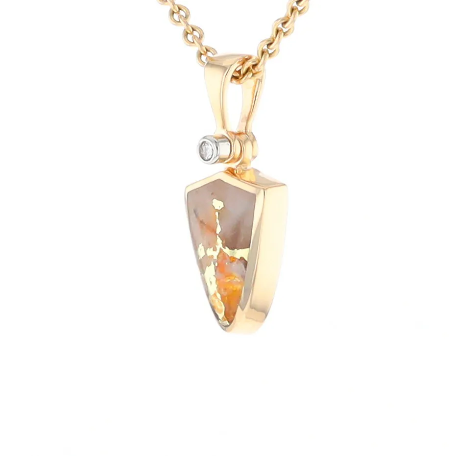 Gold Quartz Necklace Shield Shape Inlaid Pendant with .02ct Diamond