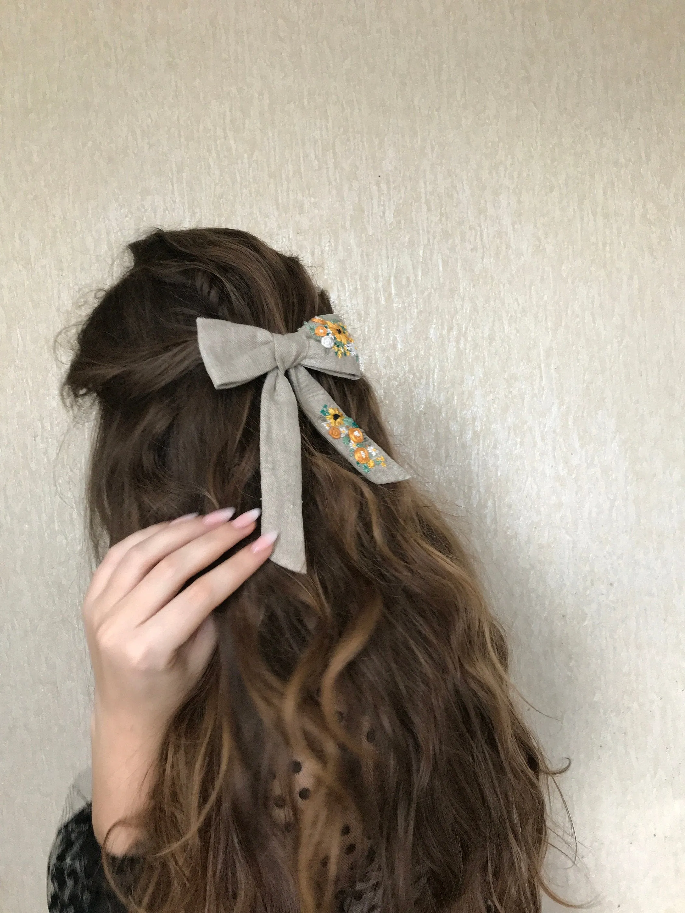 Gray cotton hair bow barrette for girl