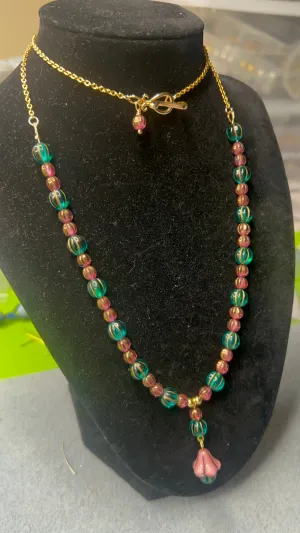 Green and Pink  with gold melon Beaded Necklace with gold chain and toggle clasp and Matching Earrings