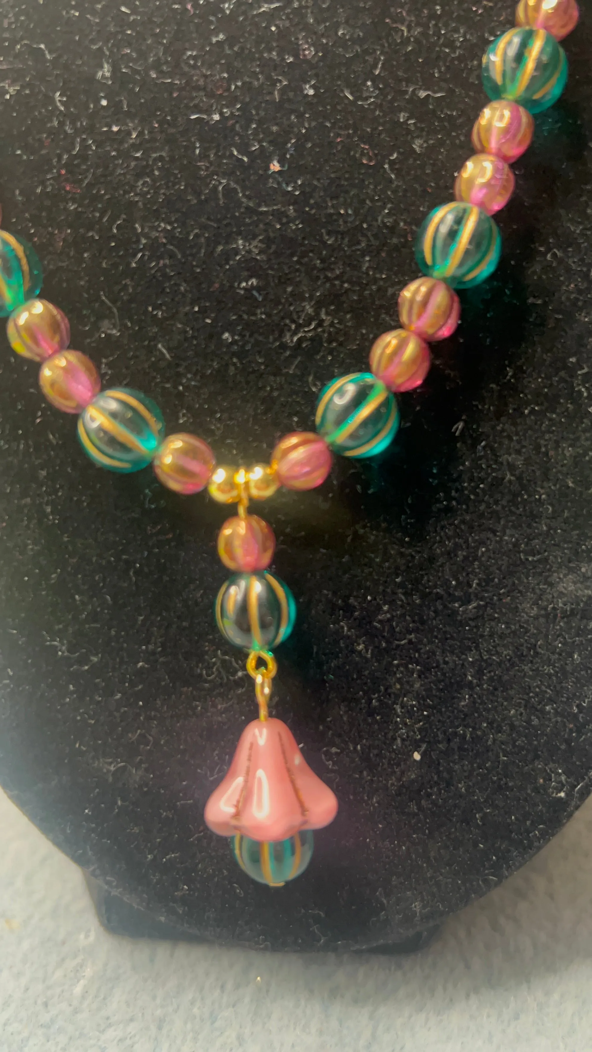 Green and Pink  with gold melon Beaded Necklace with gold chain and toggle clasp and Matching Earrings