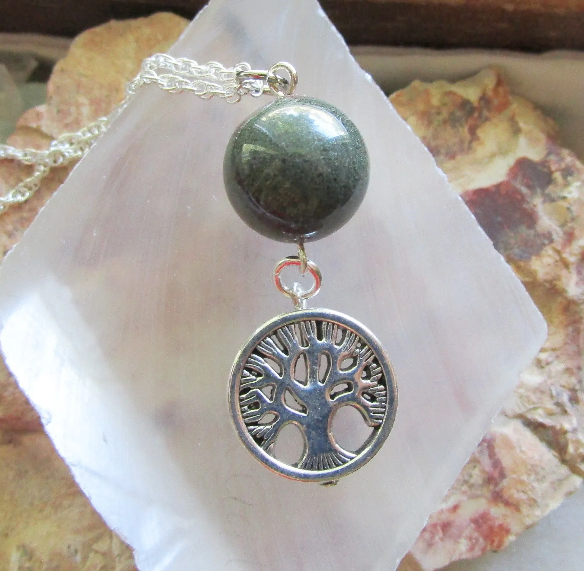 Green Landscape Quartz Lodolite Sphere Tree of Life Pendant Necklace