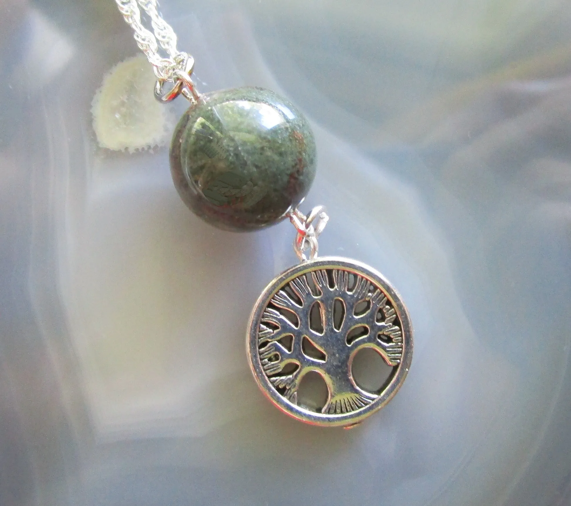 Green Landscape Quartz Lodolite Sphere Tree of Life Pendant Necklace