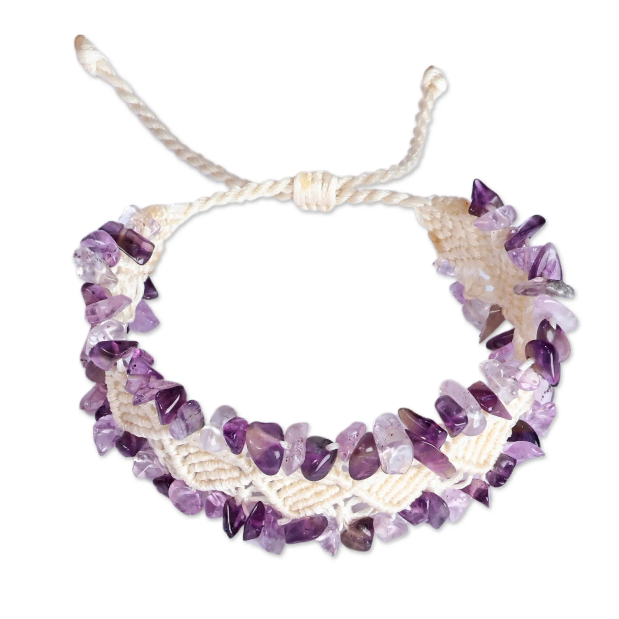 Handwoven Cotton and Amethyst Macrame Beaded Bracelet - Wise Dreams | NOVICA