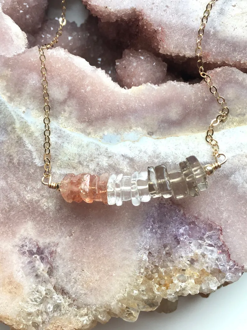 Healing Necklace • Grounding Necklace • Smoky Quartz • Clear Quartz • Sunstone • Crystal Healing Root Chakra Jewelry • Silver or Gold