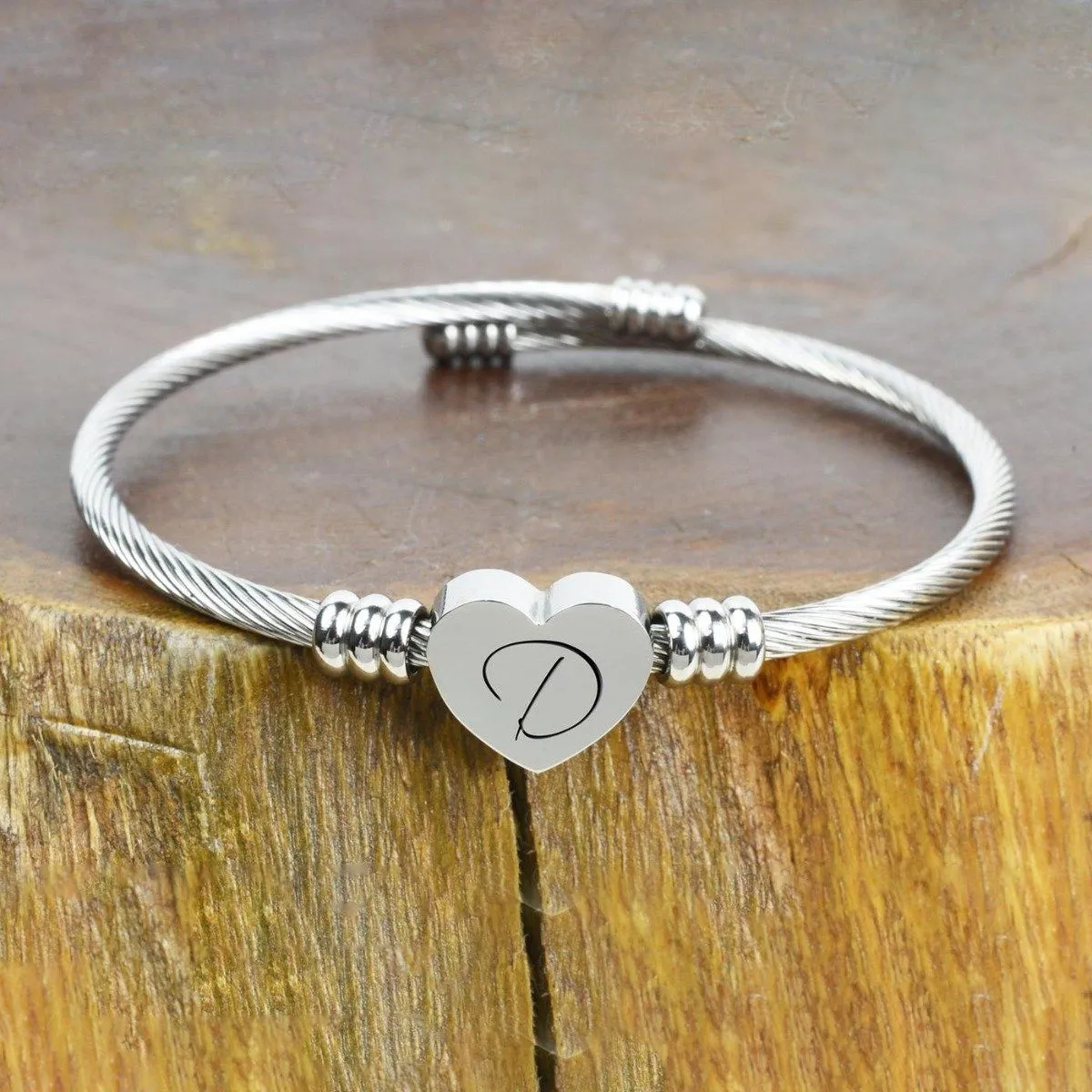 Heart Cable Initial Bracelet Hypoallergenic and Adjustable