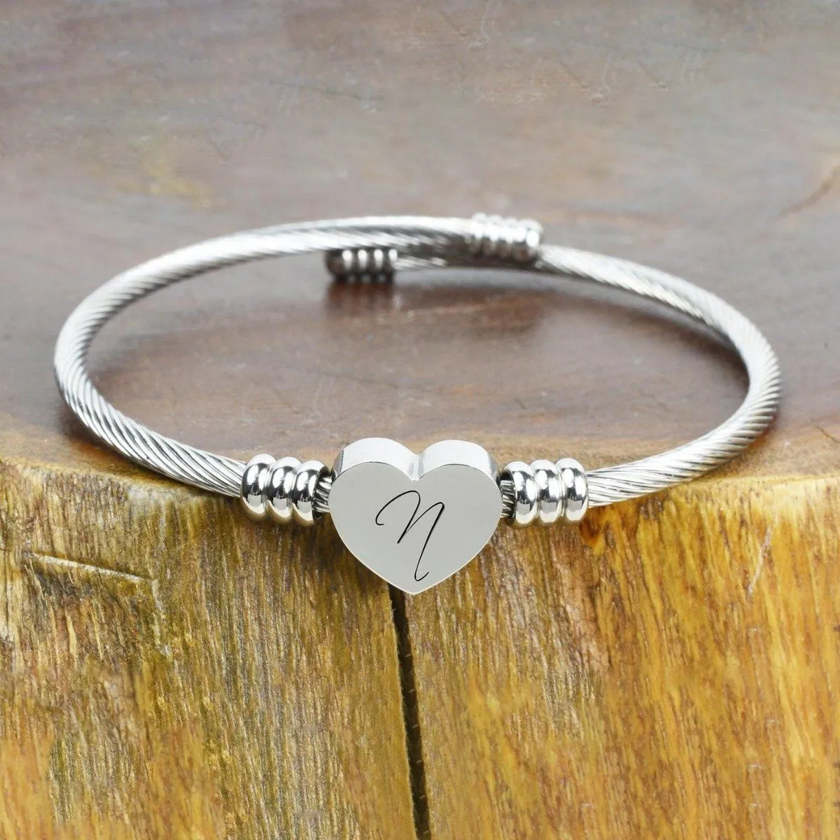 Heart Cable Initial Bracelet Hypoallergenic and Adjustable