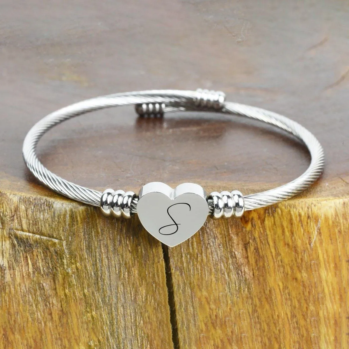 Heart Cable Initial Bracelet Hypoallergenic and Adjustable