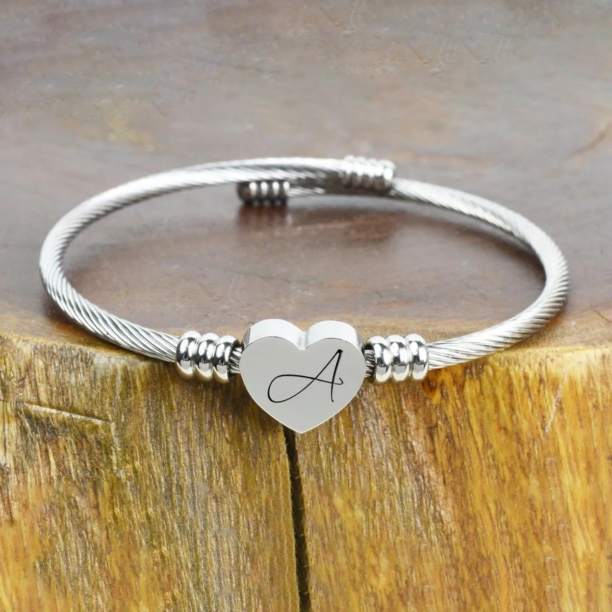 Heart Cable Initial Bracelet Hypoallergenic and Adjustable