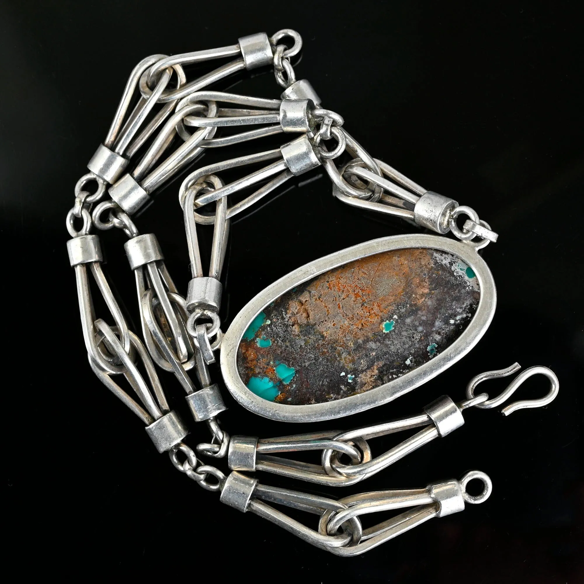 Heavy Arts & Crafts Style Silver Turquoise Necklace