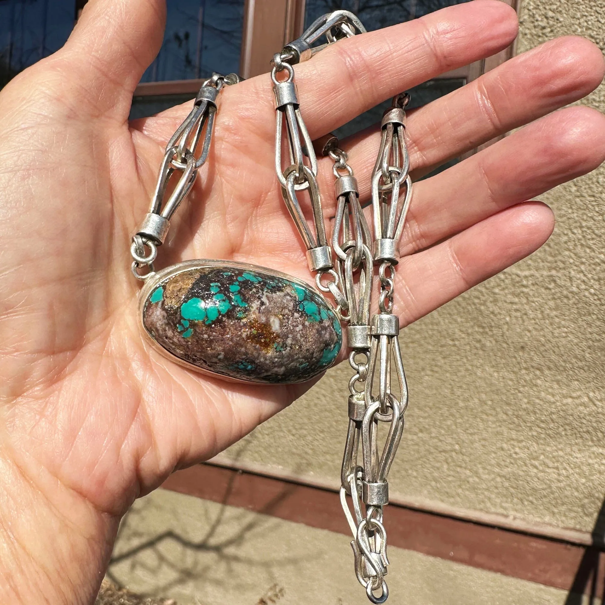 Heavy Arts & Crafts Style Silver Turquoise Necklace