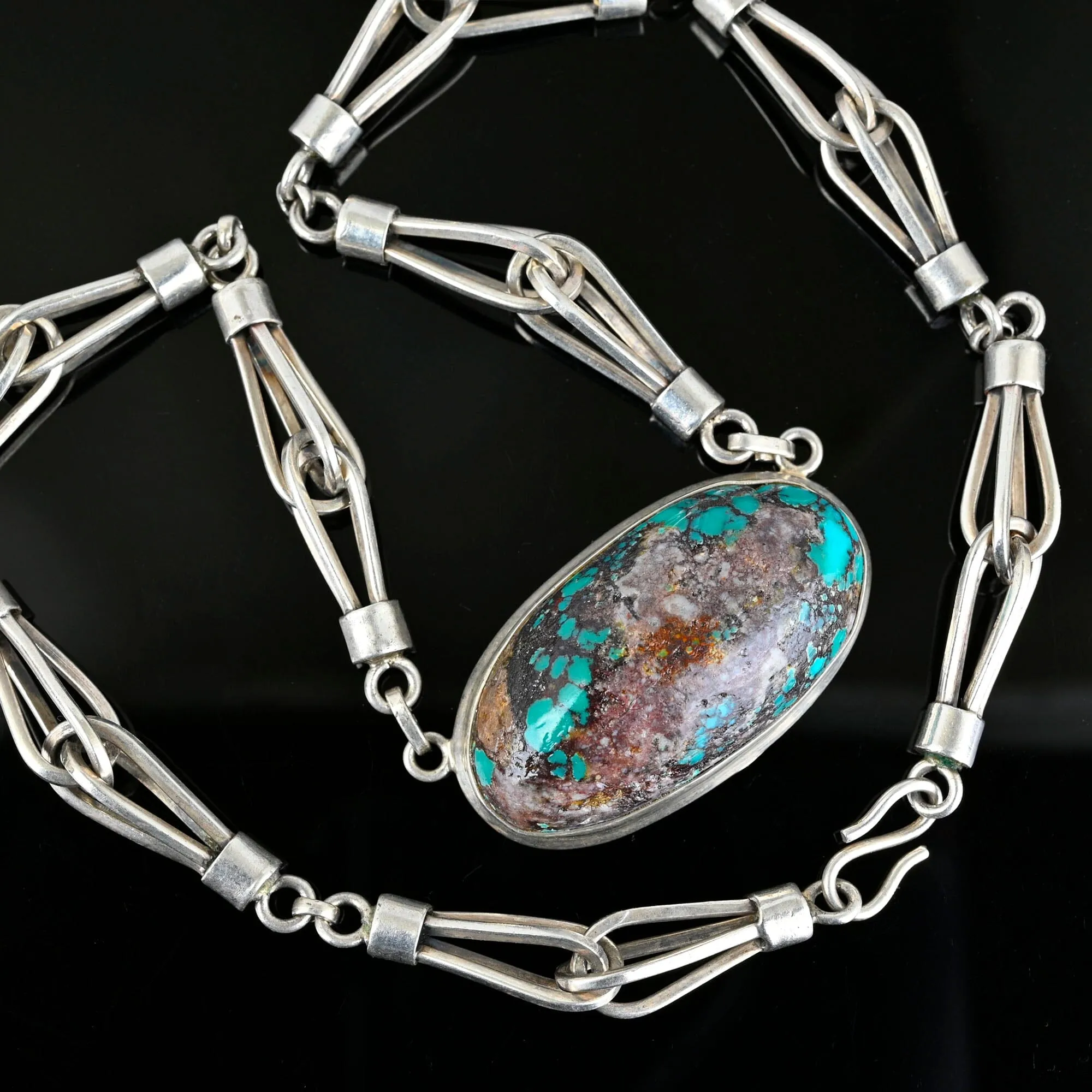 Heavy Arts & Crafts Style Silver Turquoise Necklace