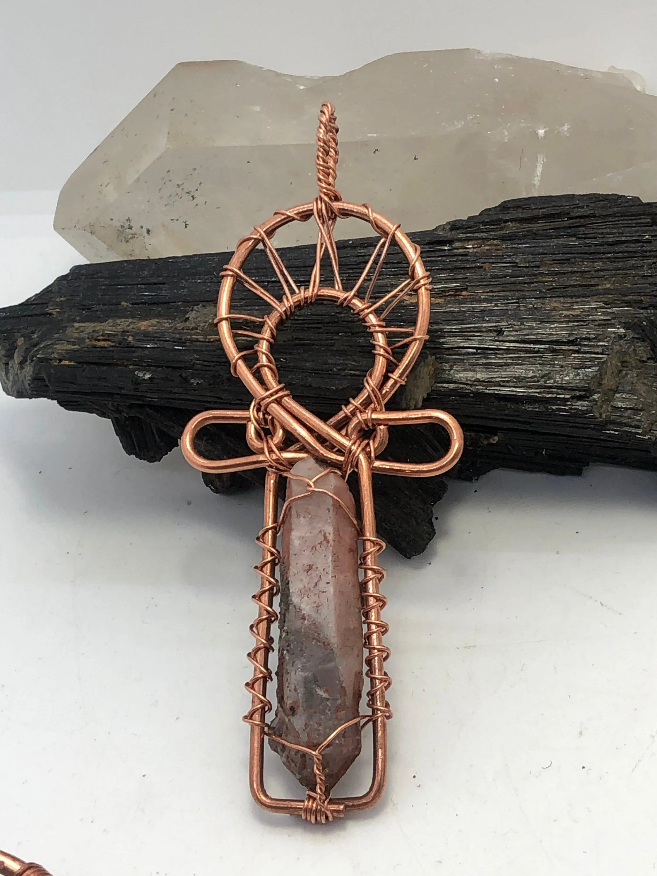 Hematoid Red Quartz Copper Egyptian Kemetic Coptic Cross  Ankh Wirewrapped Wearable Pendant Necklace