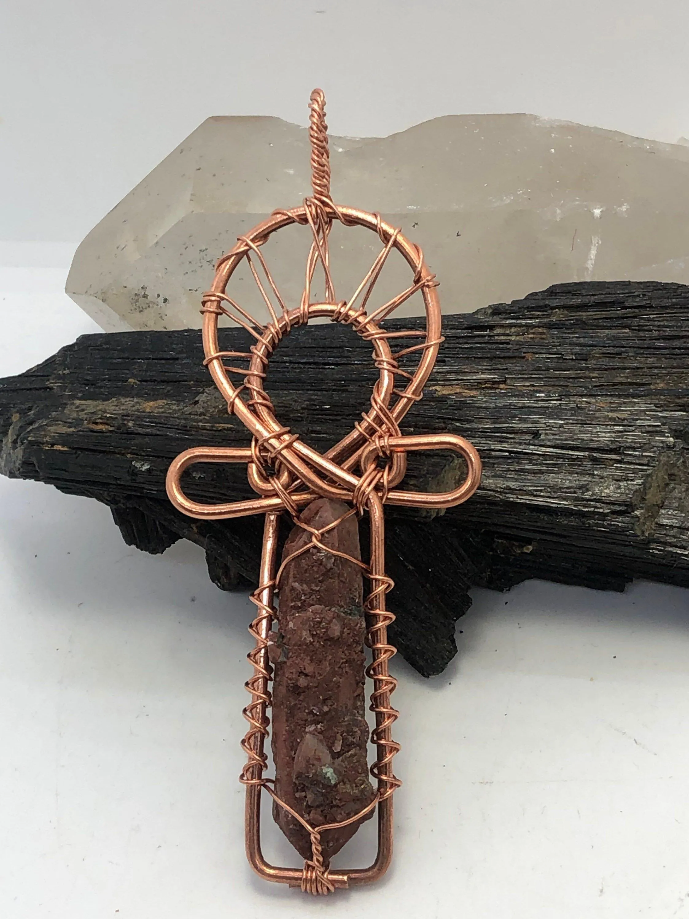 Hematoid Red Quartz Copper Egyptian Kemetic Coptic Cross  Ankh Wirewrapped Wearable Pendant Necklace