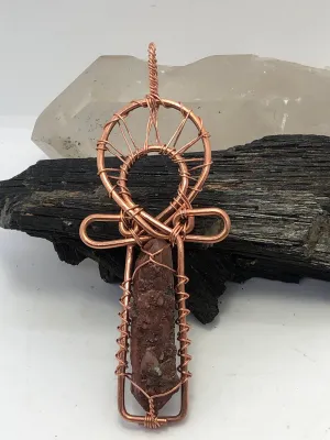 Hematoid Red Quartz Copper Egyptian Kemetic Coptic Cross  Ankh Wirewrapped Wearable Pendant Necklace