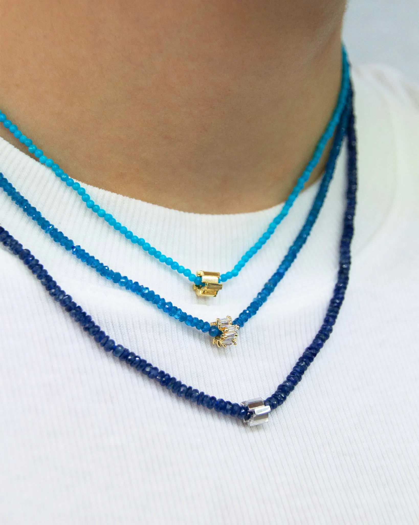 Infinite Beaded Dark Blue Sapphire & Mini Golden Rondelle Necklace