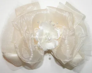 Ivory Organza Tutu Floral Pearl Hair Bow